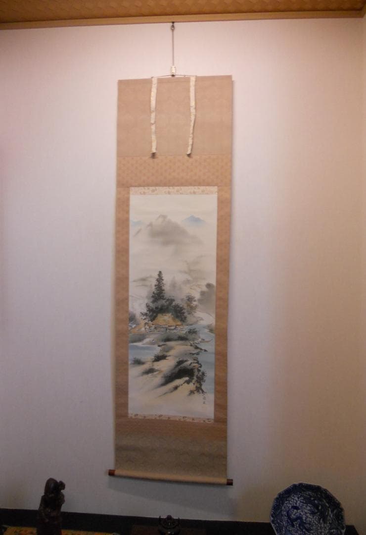 掛け軸 長尾梅友 四神相応山水図 絹本 希少 軸装 茶道具 掛軸 美品 です。