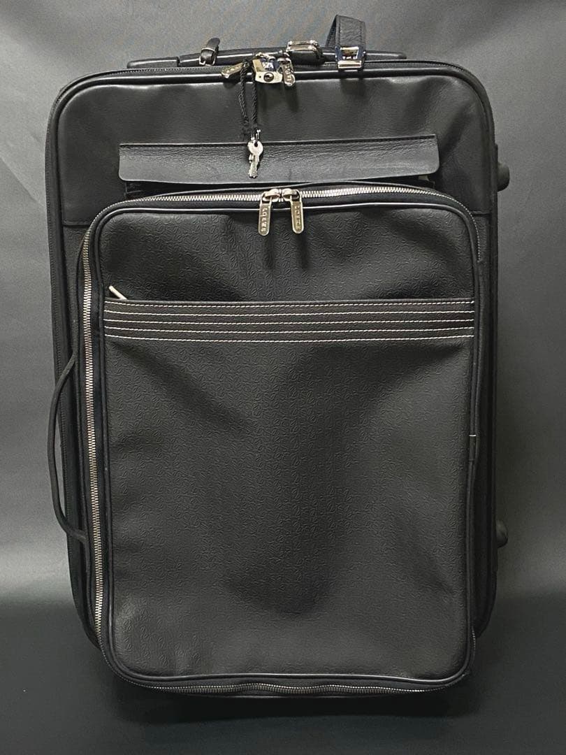 ロエベ キャリーケース 旅行カバン 黒 アナグラム ブリーフ レザーPVC機内