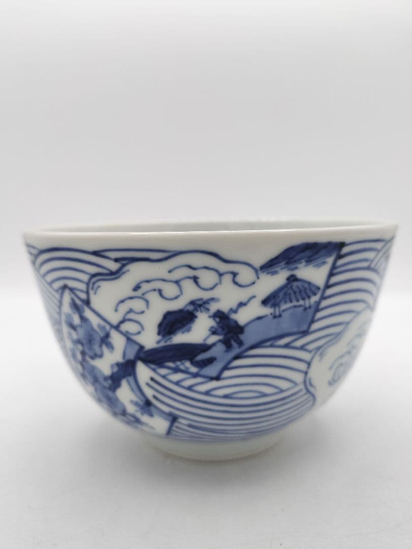 c533 【新品・未使用】茶碗 染付浪に扇絵 五代 三浦竹泉 木箱 茶道具