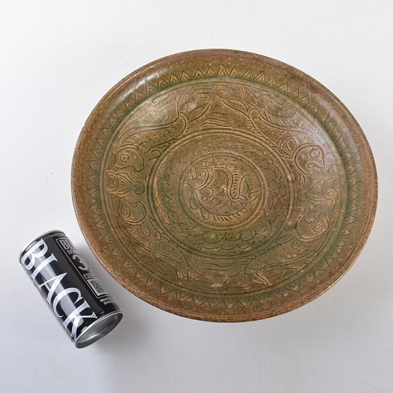 中国　耀州窯青磁　刻魚藻文盤　皿　C　R6199F