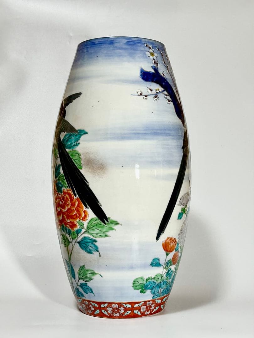 香蘭社 明治初期 釉下彩上絵花鳥図大花瓶 有田 伊万里