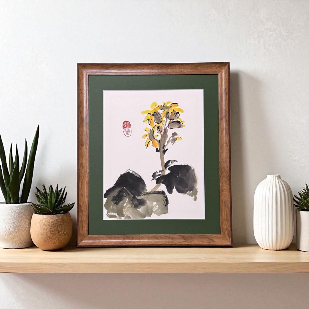 【古口翠芳/Suihou Koguchi】墨彩画　石蕗　オリジナル　木製額縁付き