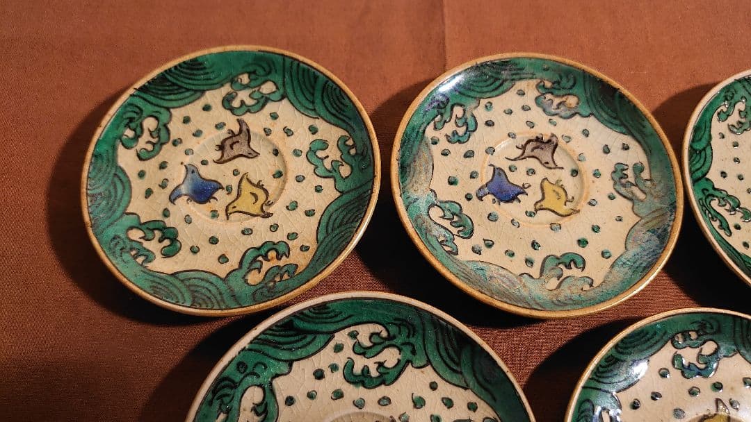 古九谷　九谷焼　青九谷　青手　吉田屋　松山窯　波千鳥　豆皿　菓子皿　蔵出し　５客