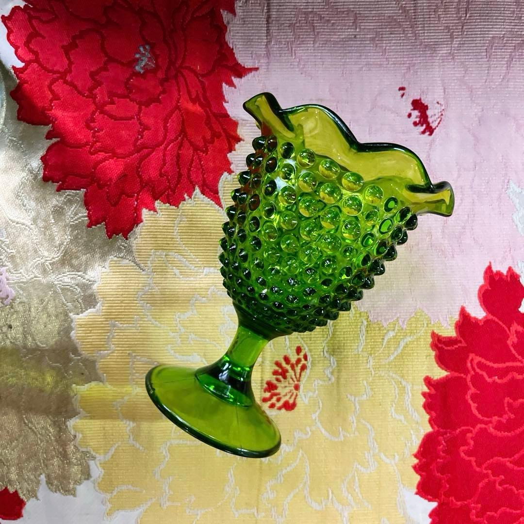 骨董　時代ガラス　希少　霰プレス　フリル　フォレストグリーン　濃緑色　氷コップ