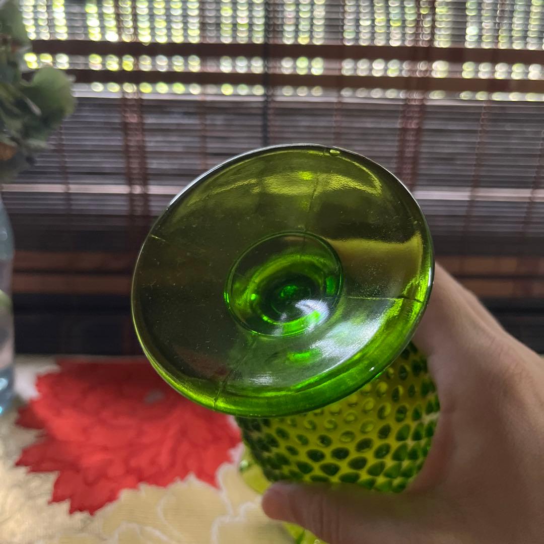 骨董　時代ガラス　希少　霰プレス　フリル　フォレストグリーン　濃緑色　氷コップ