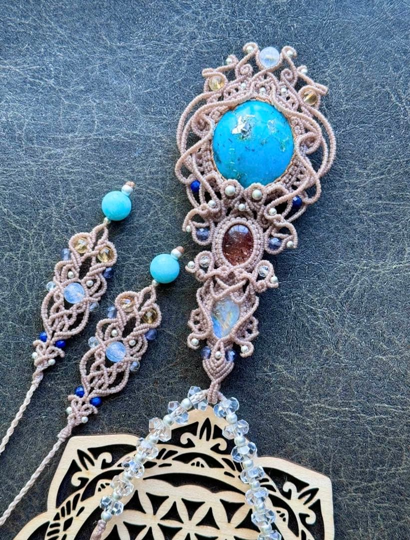 専用☆ペルシアンターコイズ＆サンストーン＆ムーンストーンのマクラメ編みネックレス
