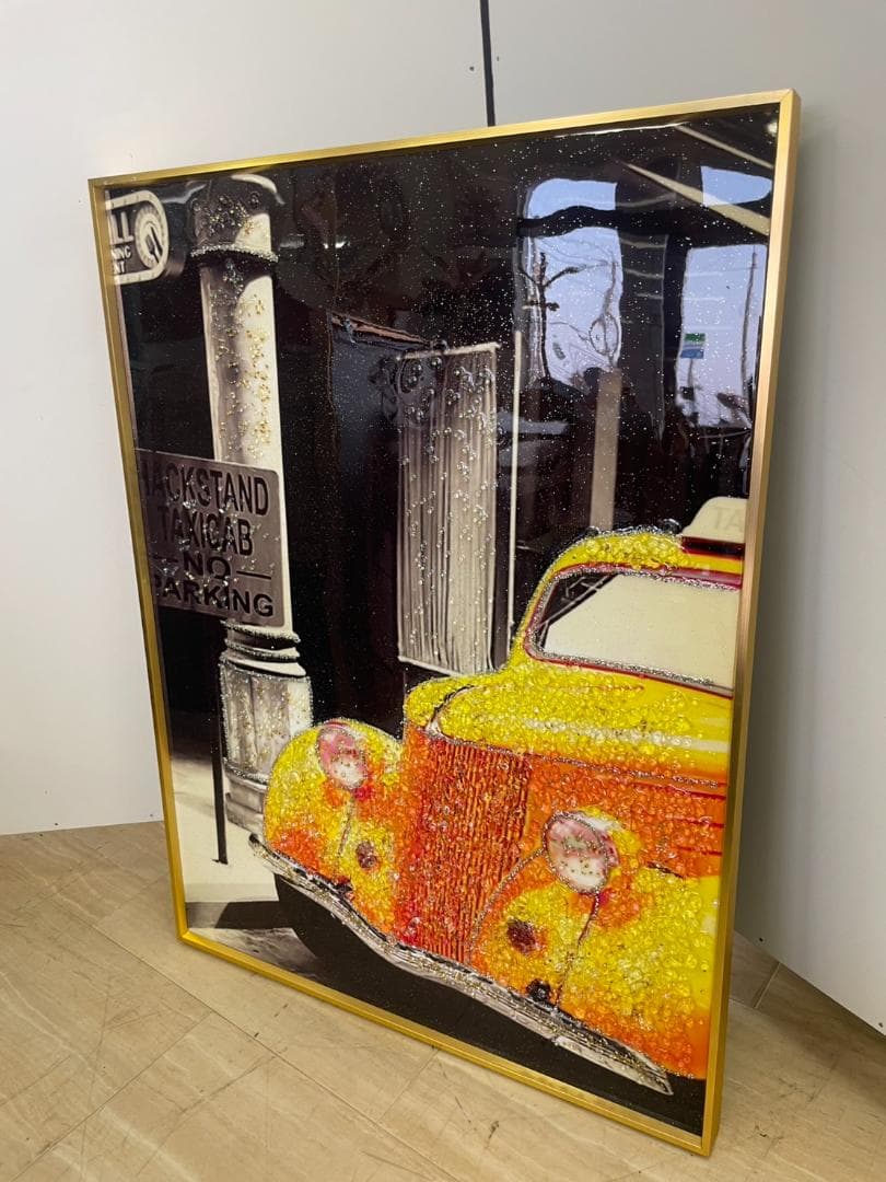 水晶絵　アートパネル　車　ポスター　イエロー　黄　絵画　絵　アート　外車　額縁