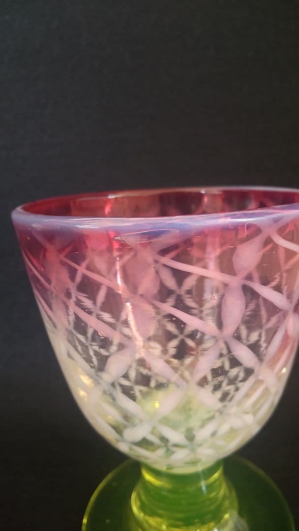 和ガラス　金赤縁七宝繋文　三色氷コップ　ウラン足　吹きガラス