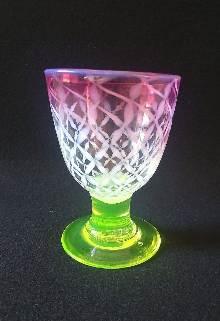 和ガラス　金赤縁七宝繋文　三色氷コップ　ウラン足　吹きガラス