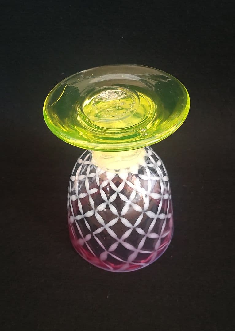 和ガラス　金赤縁七宝繋文　三色氷コップ　ウラン足　吹きガラス