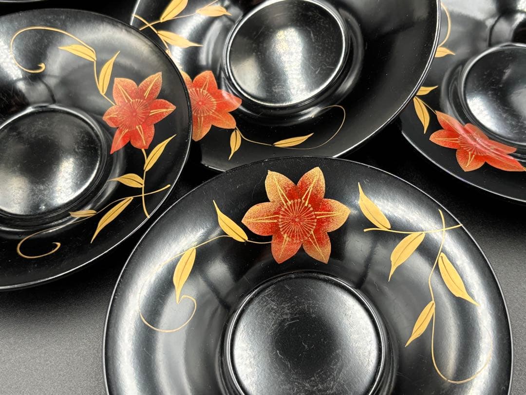 希少　会津塗り　蓋付きお椀5客・茶托５客　セット　漆器　箱付　味噌汁　汁椀