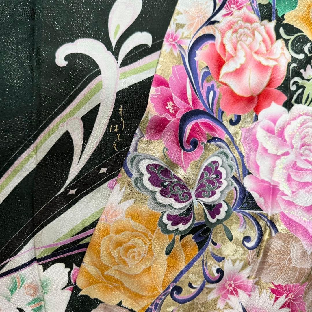 美品　薔薇　蝶　深緑　金彩　刺繍　ラメ　落款　逸品　フルセット　振袖　振り袖