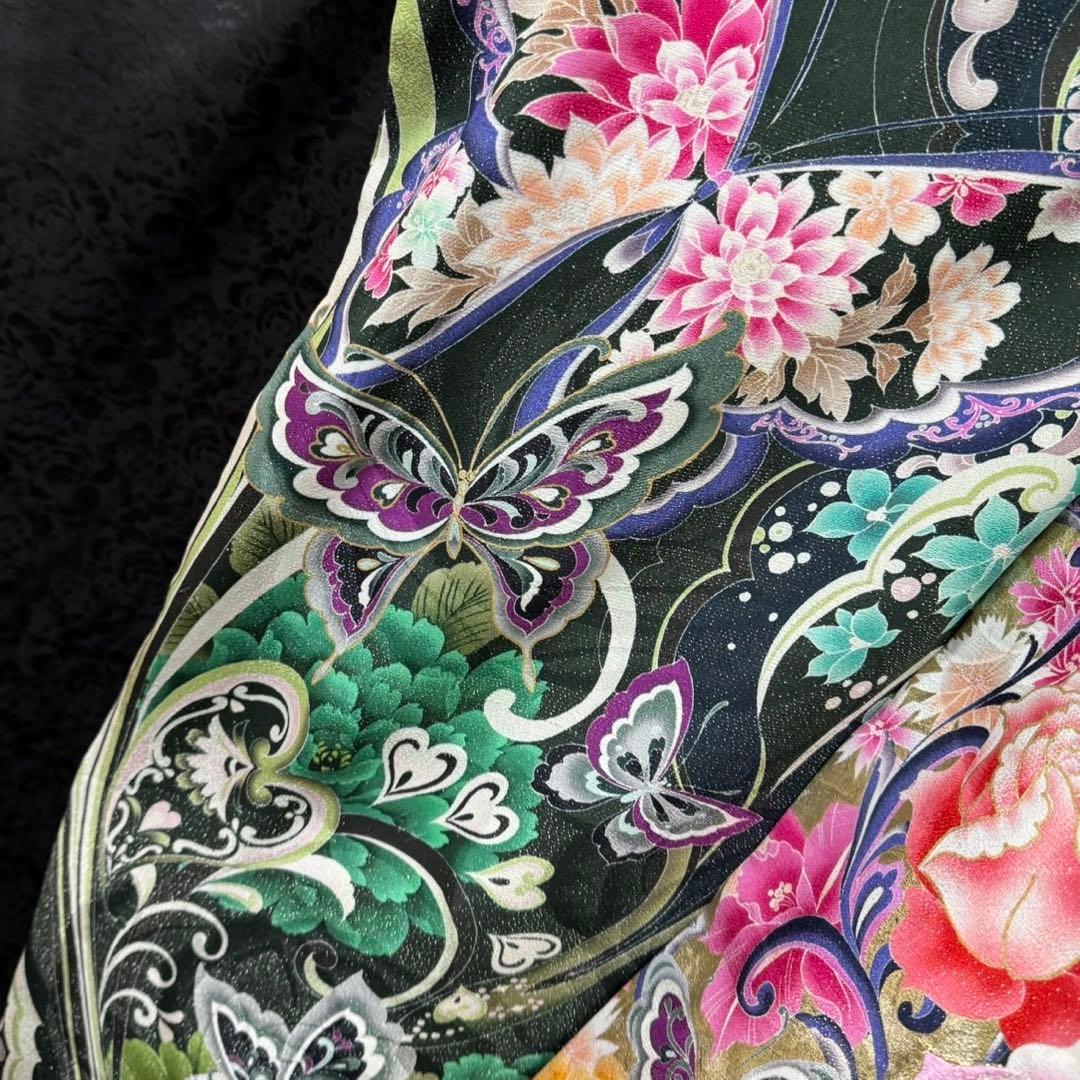 美品　薔薇　蝶　深緑　金彩　刺繍　ラメ　落款　逸品　フルセット　振袖　振り袖