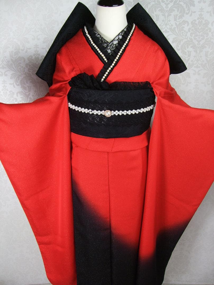 赤×黒　ゴシック振袖　振袖フルセット　ｍ44　パールベルベッドリボン　成人式