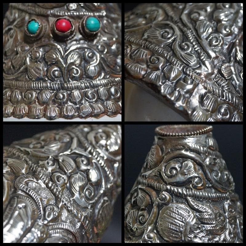 オールドチベット法具大型左巻法螺貝純銀巻きターコイズコーラル象嵌手造り打出し装飾