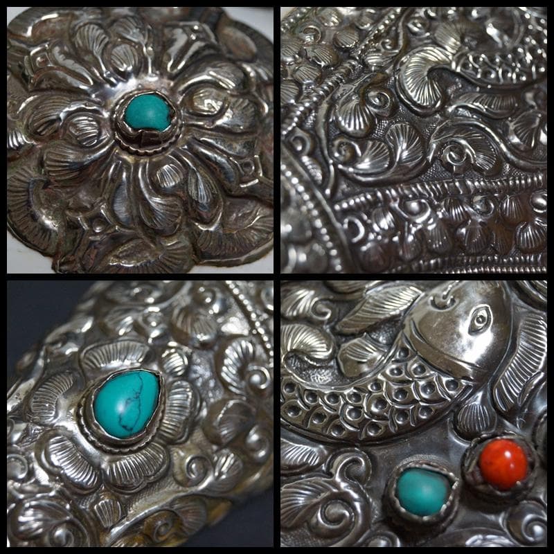 オールドチベット法具大型左巻法螺貝純銀巻きターコイズコーラル象嵌手造り打出し装飾