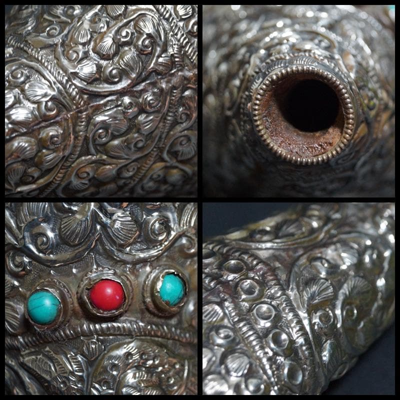 オールドチベット法具大型左巻法螺貝純銀巻きターコイズコーラル象嵌手造り打出し装飾