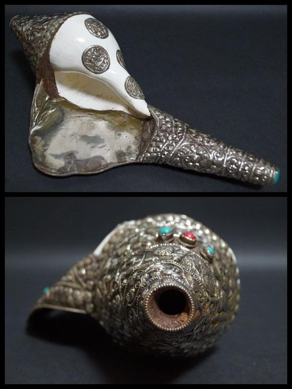 オールドチベット法具大型左巻法螺貝純銀巻きターコイズコーラル象嵌手造り打出し装飾