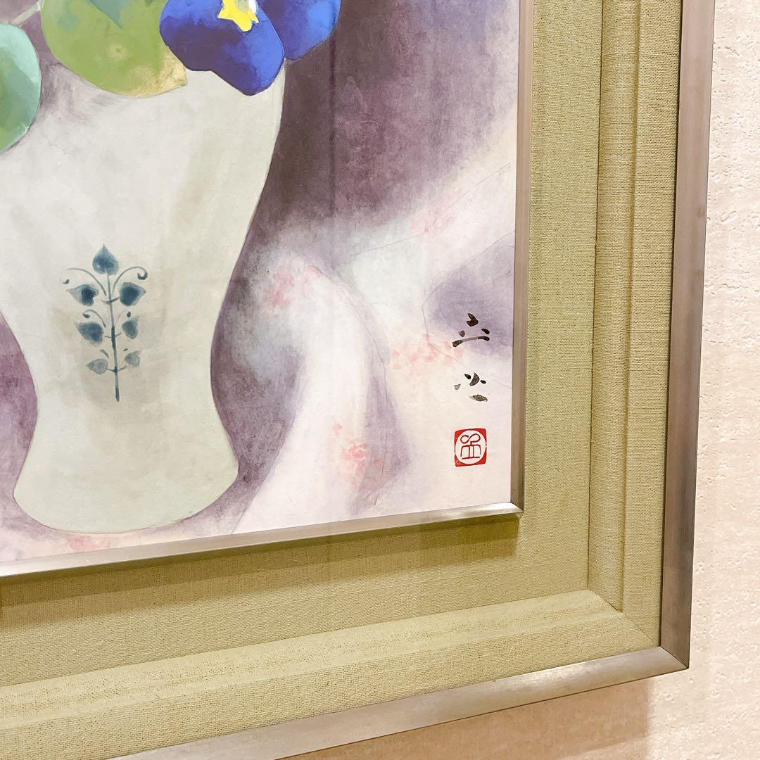 肉筆 落款印有【共シール有・真作保証】F10号 小川立夫 『春の花』額装付 日本