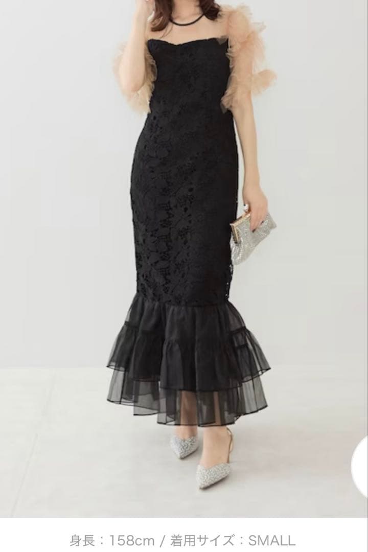 【Leja】アシンメトリーチュールスリーブレースフリルヘムIラインドレス