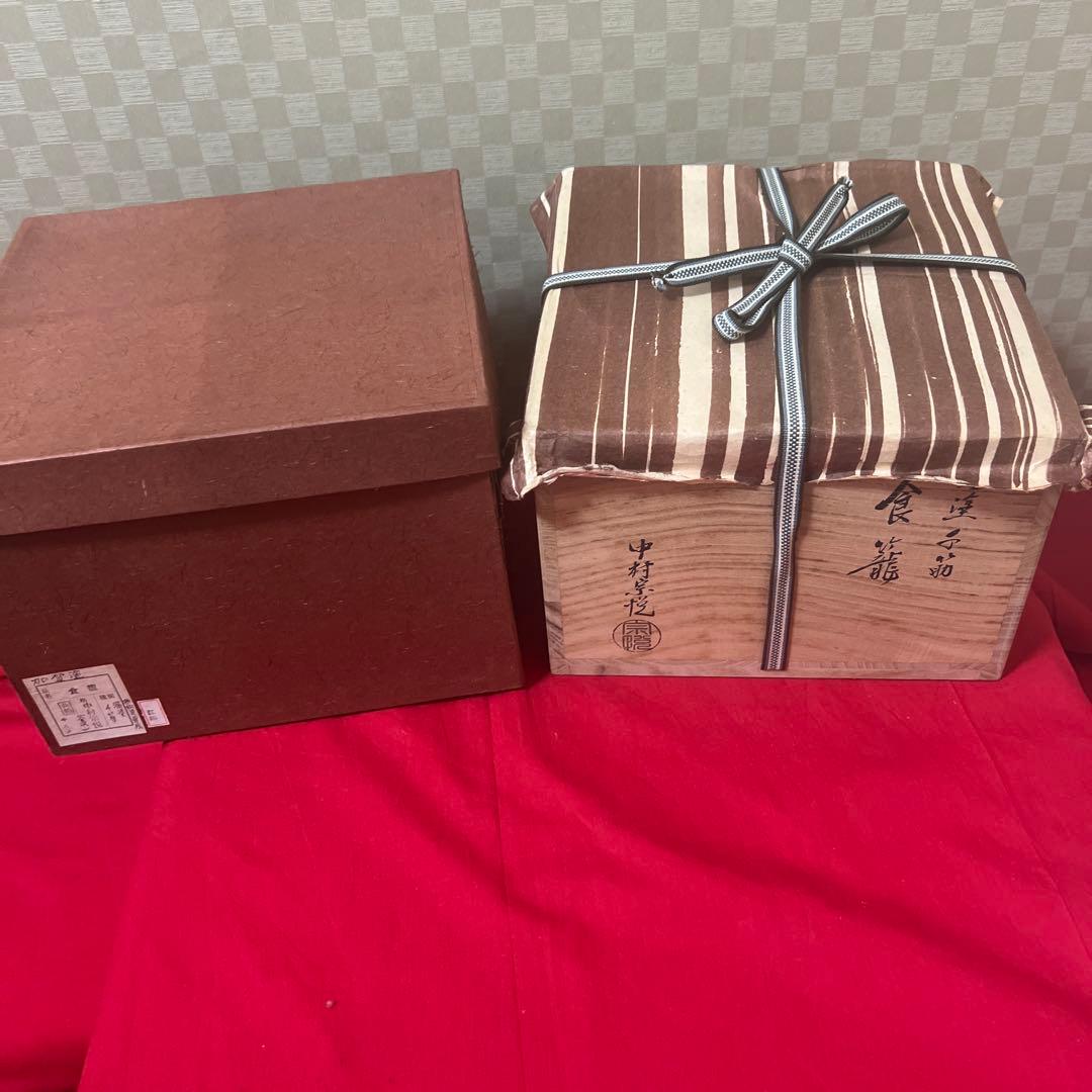 未使用品　中村宗悦　溜塗千筋　海松貝蒔絵　金次　食籠　供箱　共布