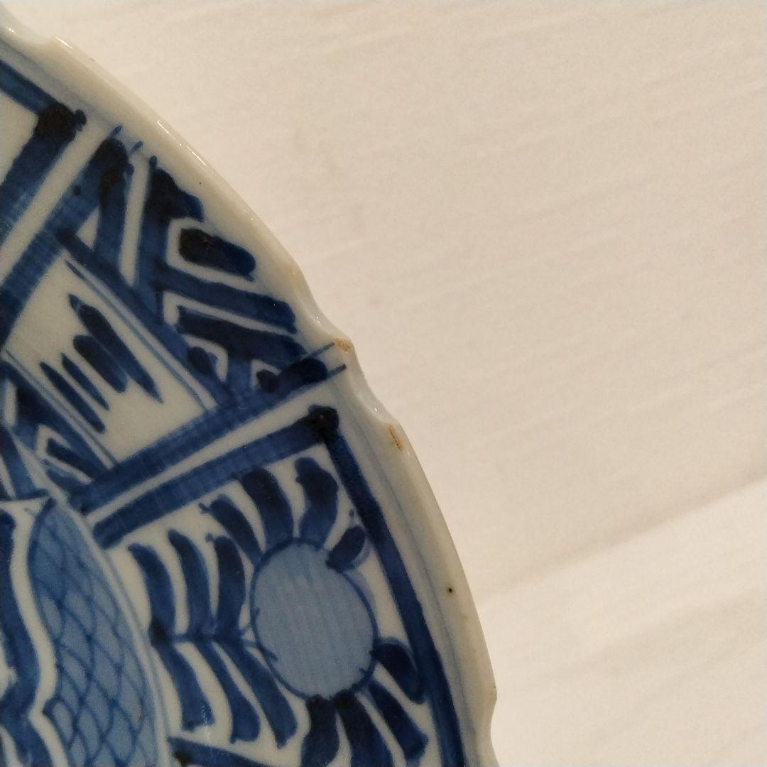 u348-4　中国 清朝期 古染付 芙蓉手 飛蝗文大皿 時代唐物　Q