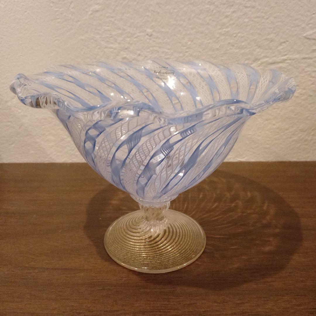 ベネチアンガラス　ムラノ　MURANO　コンポート　水色　レース　インテリア