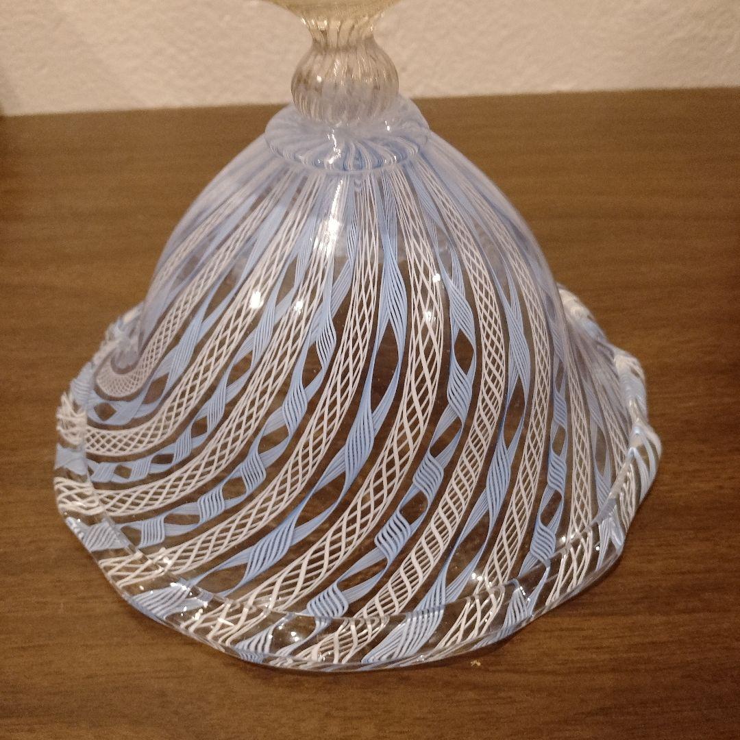 ベネチアンガラス　ムラノ　MURANO　コンポート　水色　レース　インテリア