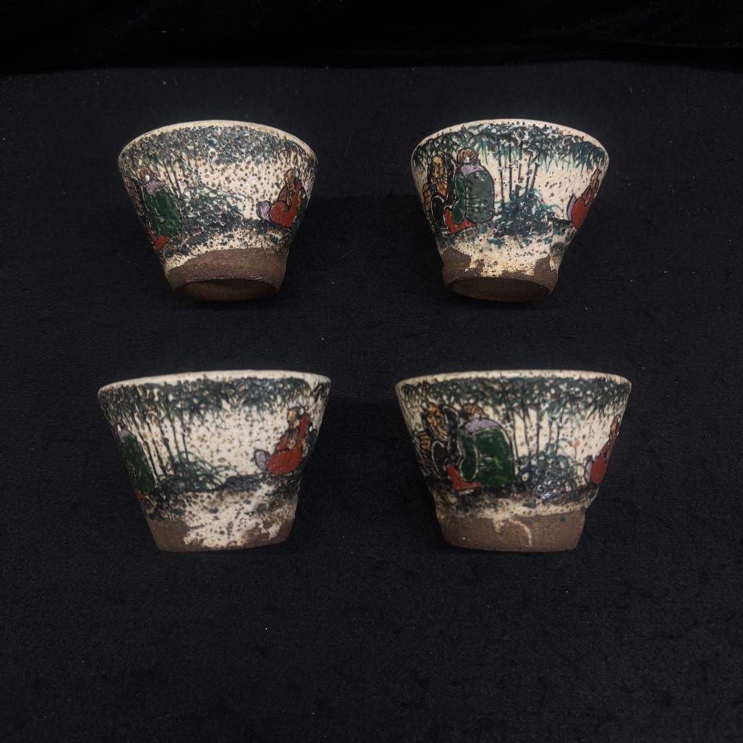 明治時代 犬山焼 竹林賢人雲錦手文様 骨董品 湯呑４客 時代物キズあり