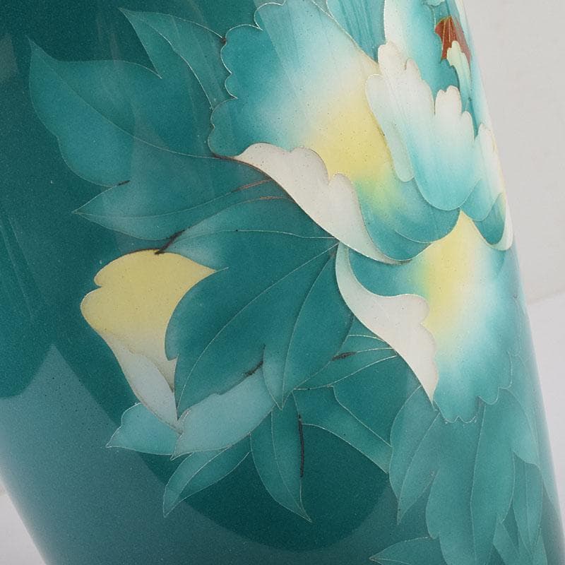 七宝焼　緑釉　花文　花瓶　共箱　V　R9334