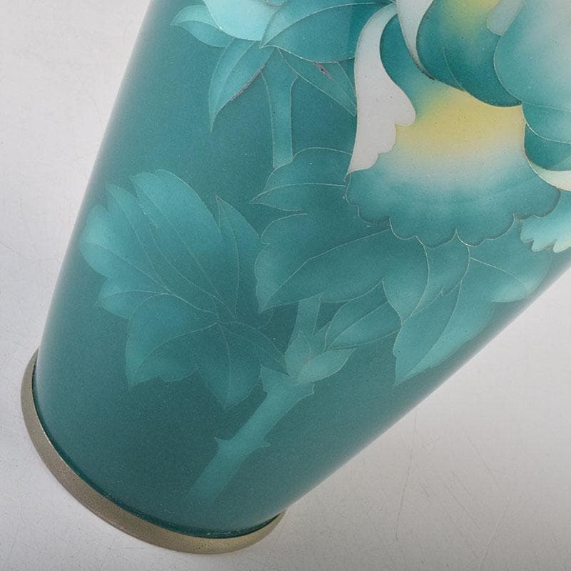 七宝焼　緑釉　花文　花瓶　共箱　V　R9334