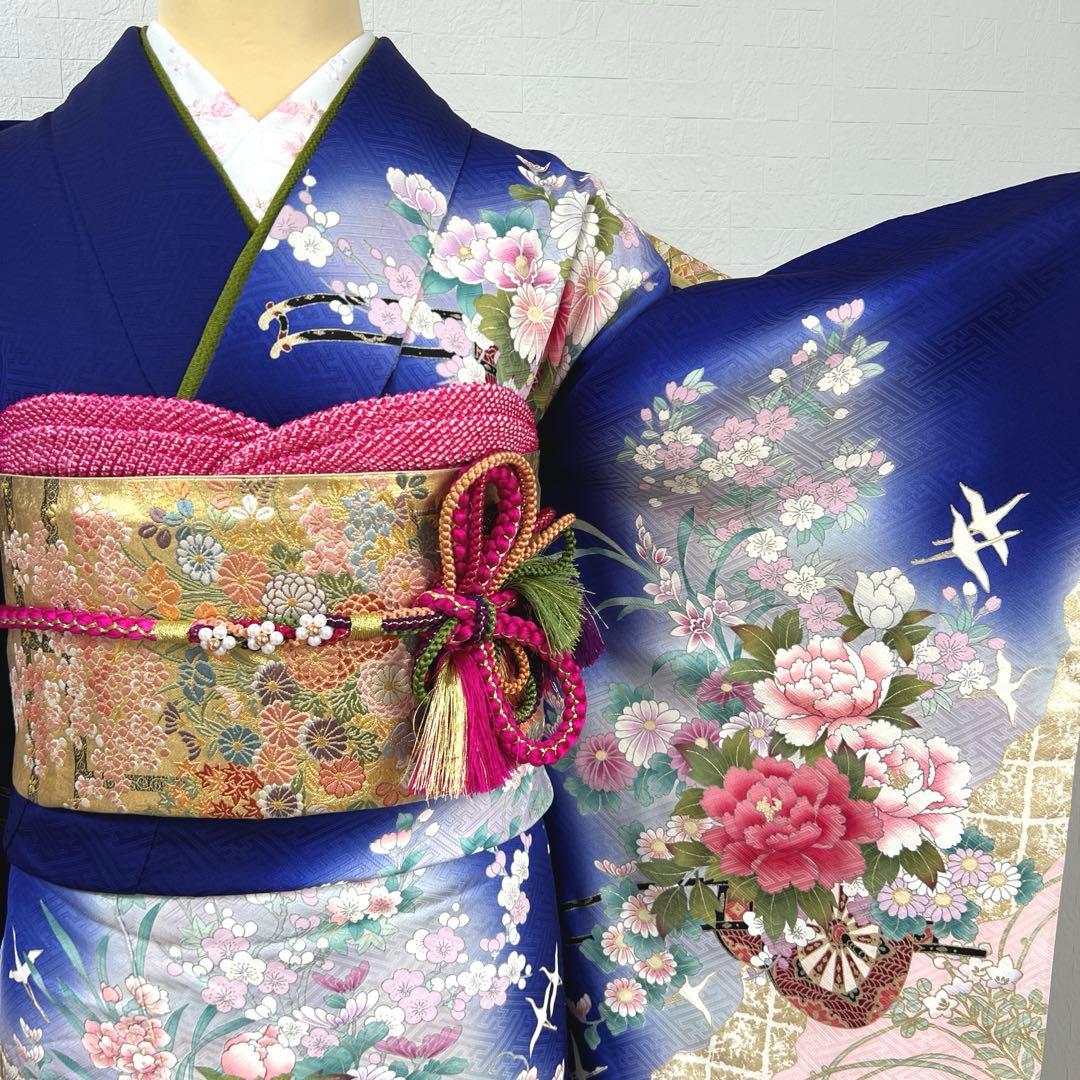 467 振袖フルセット 正絹 濃青 ブルー やまと誂え 金彩 暈し染め 華やか