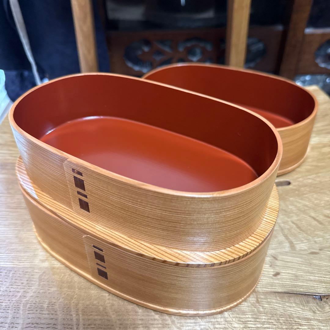 秋田　曲げわっぱ　未使用　弁当箱 朱塗　2段重ね