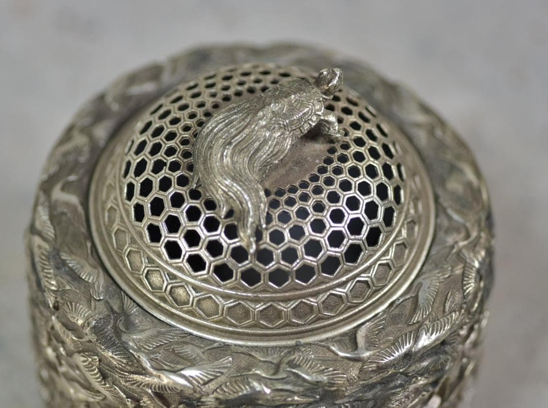 宏采造　華鶴紋香炉　白銅　共箱