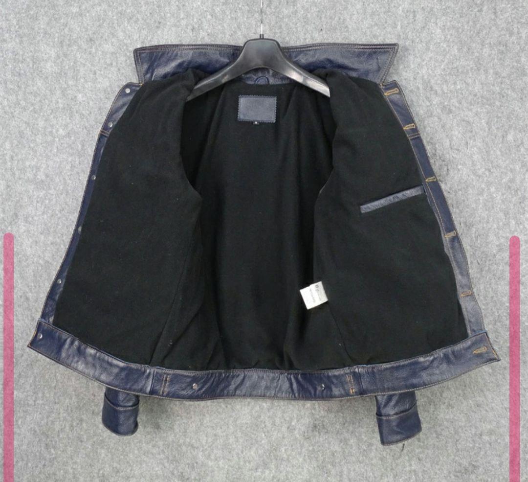 ダークブルー レザージャケット ナバホ柄