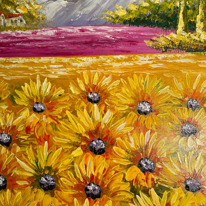 手書き油絵 ひまわり畑（大）額付 絵画 インテリア 油彩画