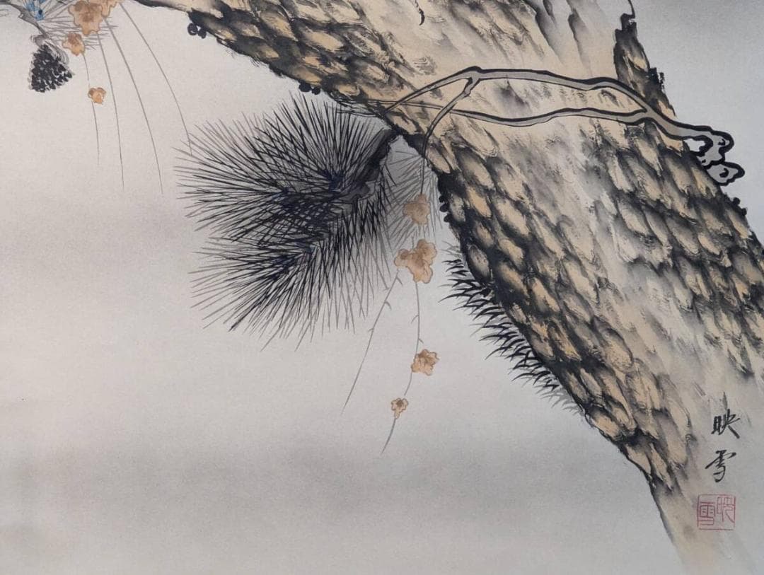 【真作】掛軸　松上鶴　吉祥の象徴　二羽の鶴と老松　共箱入　S112