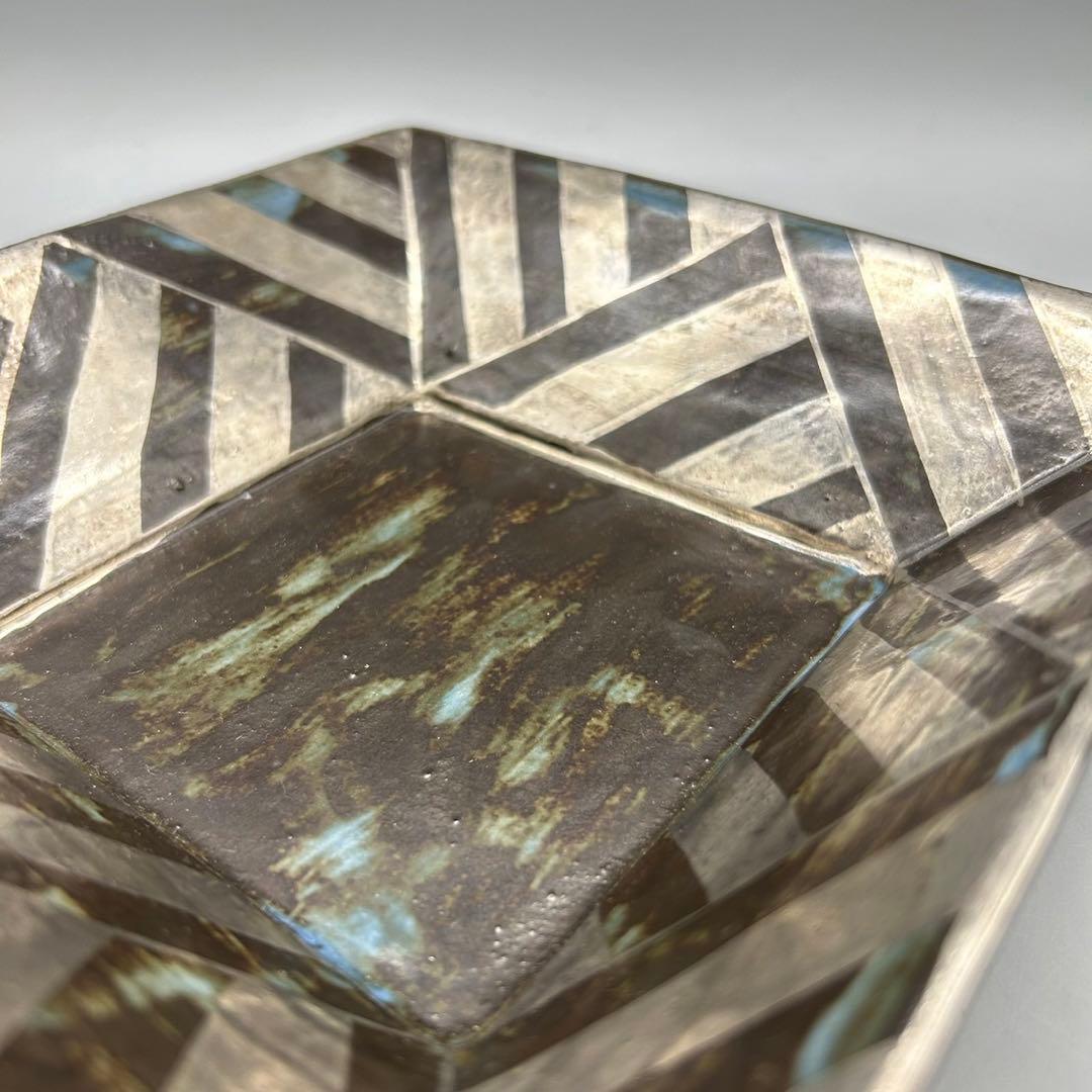 【松崎　健　呉須釉　白金彩角皿】 共箱　骨董　アンティーク　インテリア