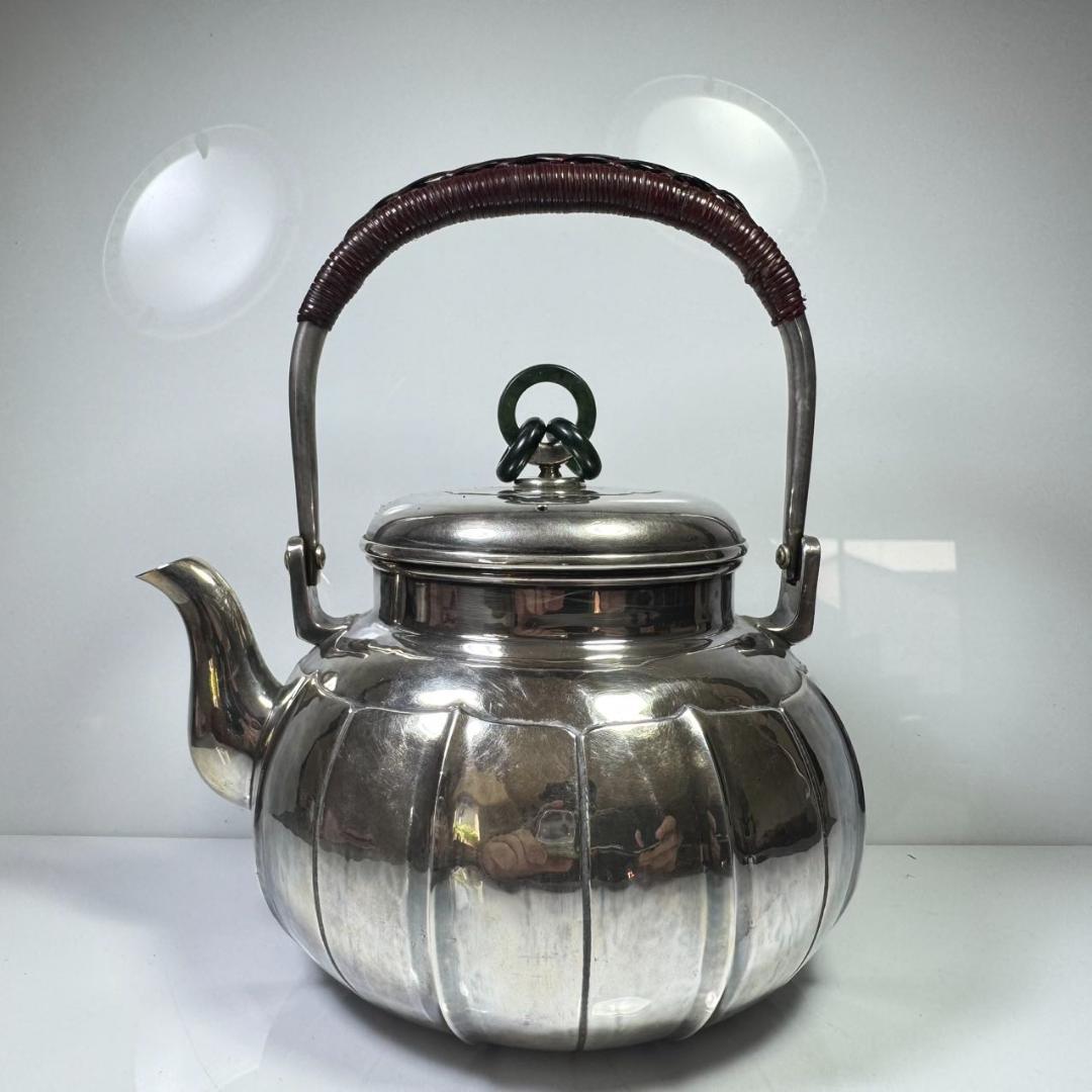 純銀製 一晃斎造 三連環貴石摘 湯沸 煎茶 銀瓶 古美術品 やかん 純銀保証