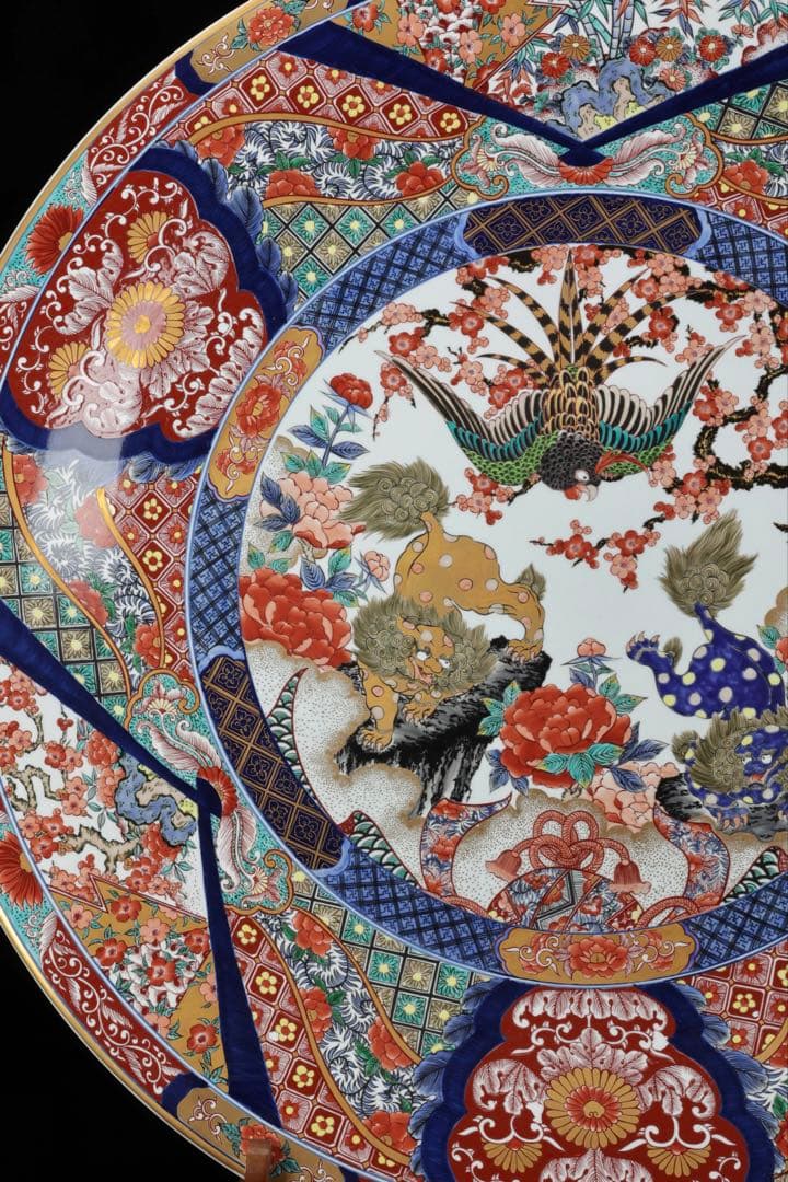 有田焼 神右エ門作 特大染綿唐獅子図大皿 飾皿 99.5㎝ 皿立付 骨董 古美術