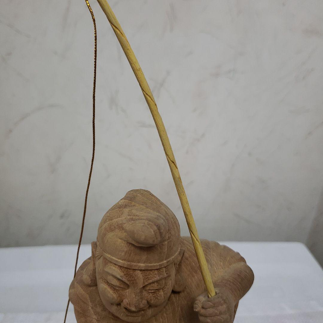 Ｂフライデー蔵出し特価縁起物七福神楠材恵比寿像えべっさん身丈23cm棹先34cm