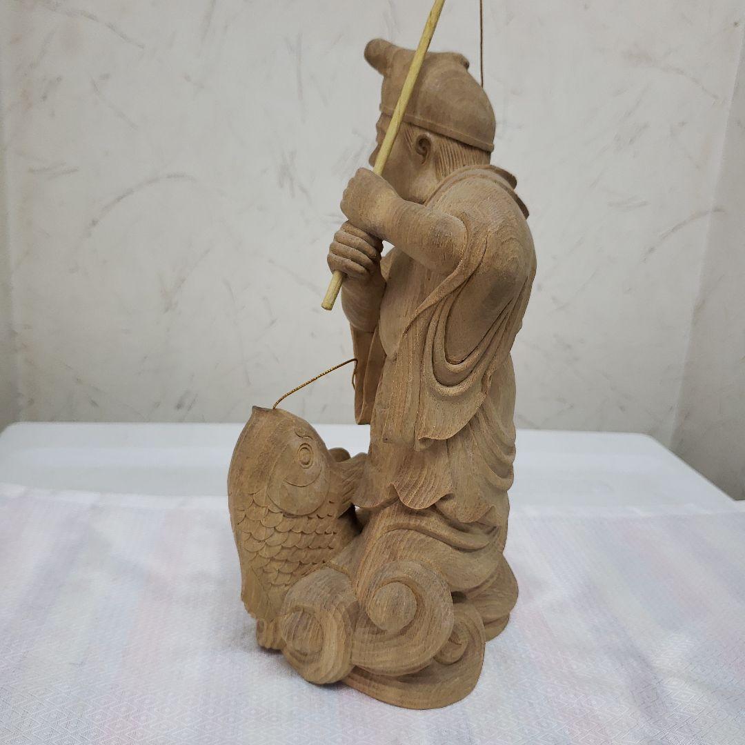 Ｂフライデー蔵出し特価縁起物七福神楠材恵比寿像えべっさん身丈23cm棹先34cm