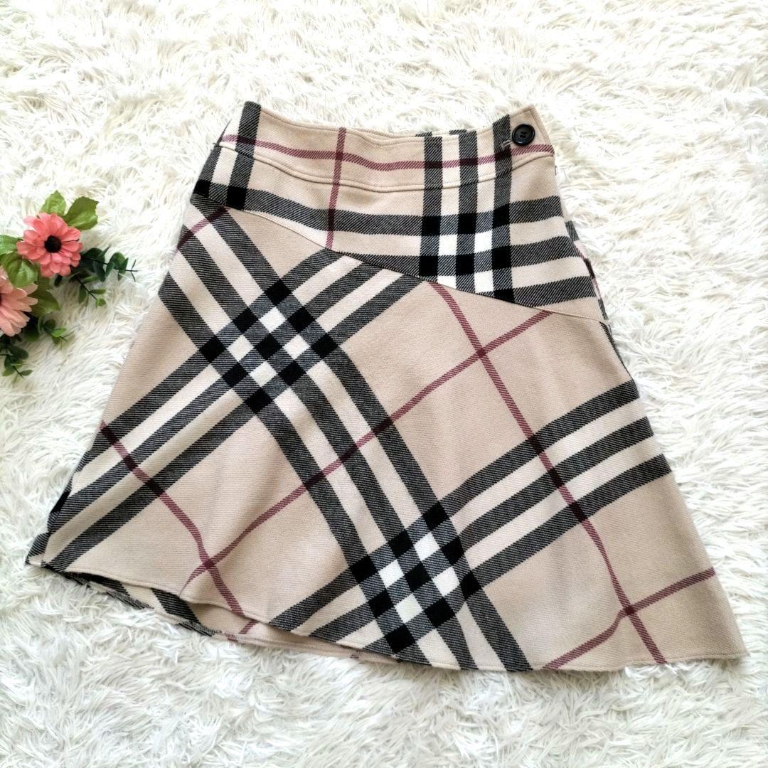 バーバリーロンドン　メガチェック　アシンメトリー ウールスカート ベージュ 40