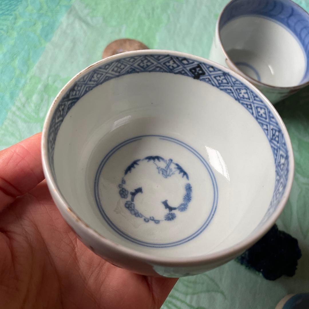 江戸期　古伊万里　金彩　染付　色絵　賢人図　蕎麦猪口　湯呑み茶碗