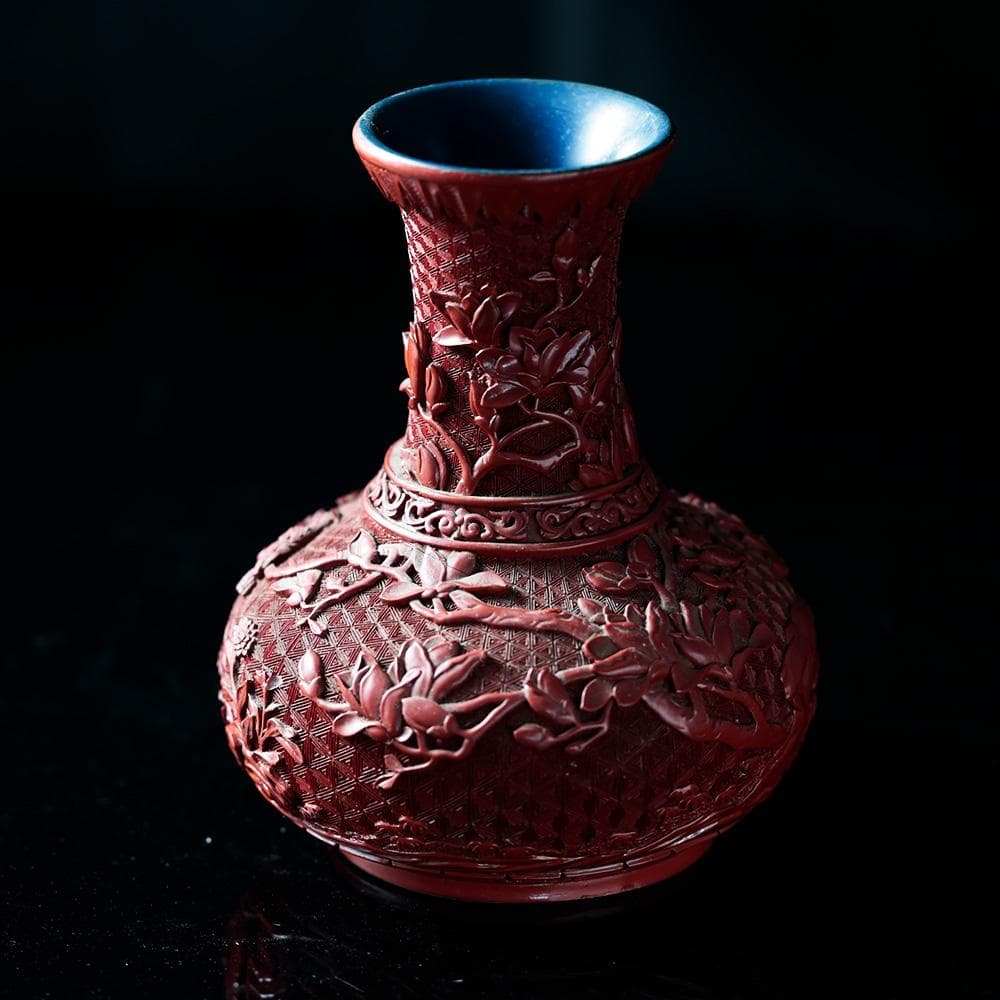 T中国美術　堆朱　花瓶　細密花鳥彫　朱塗り　漆器　古玩