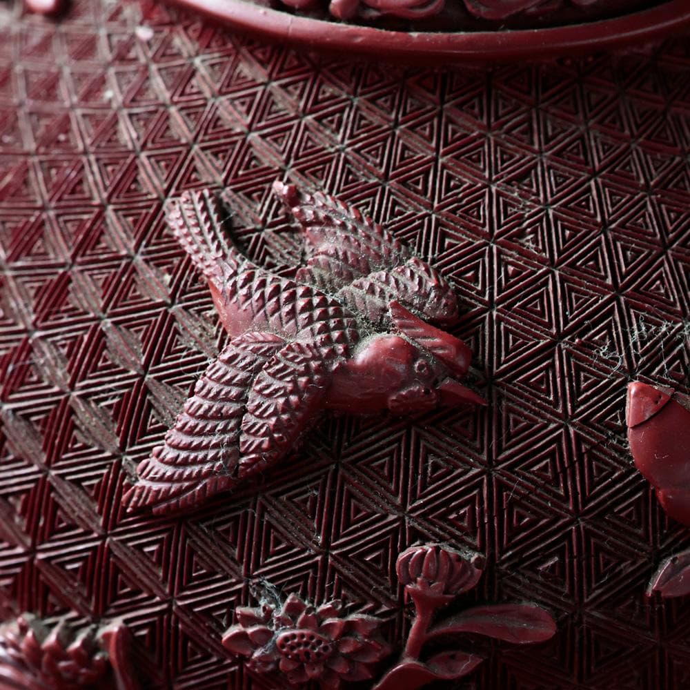 T中国美術　堆朱　花瓶　細密花鳥彫　朱塗り　漆器　古玩