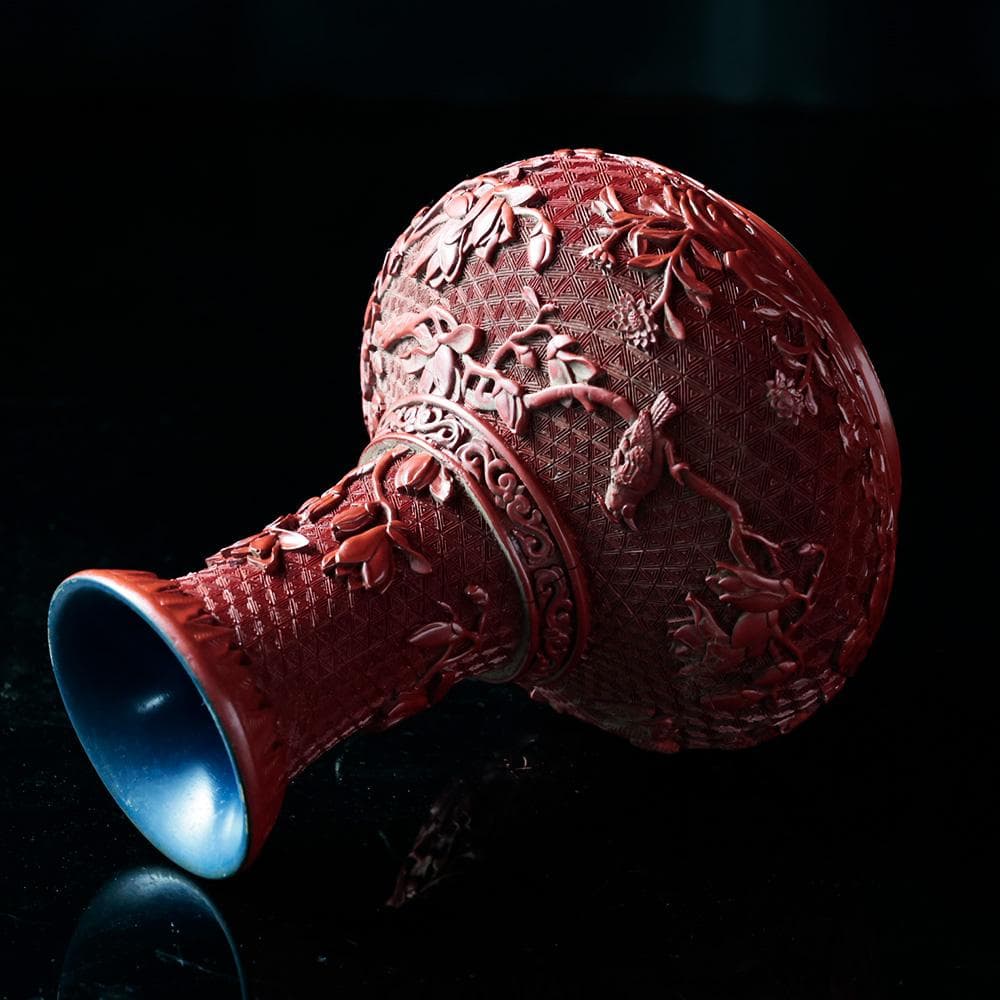 T中国美術　堆朱　花瓶　細密花鳥彫　朱塗り　漆器　古玩