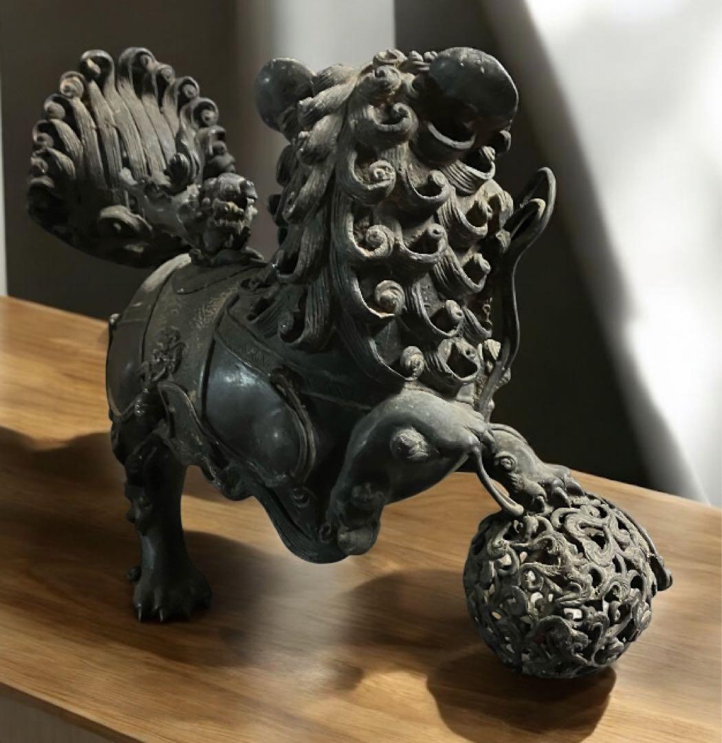 旧家　古い銅製　高炉　獅子　古銅宣徳銅　神獣　魔除　縁起物　彫金　玉獅子