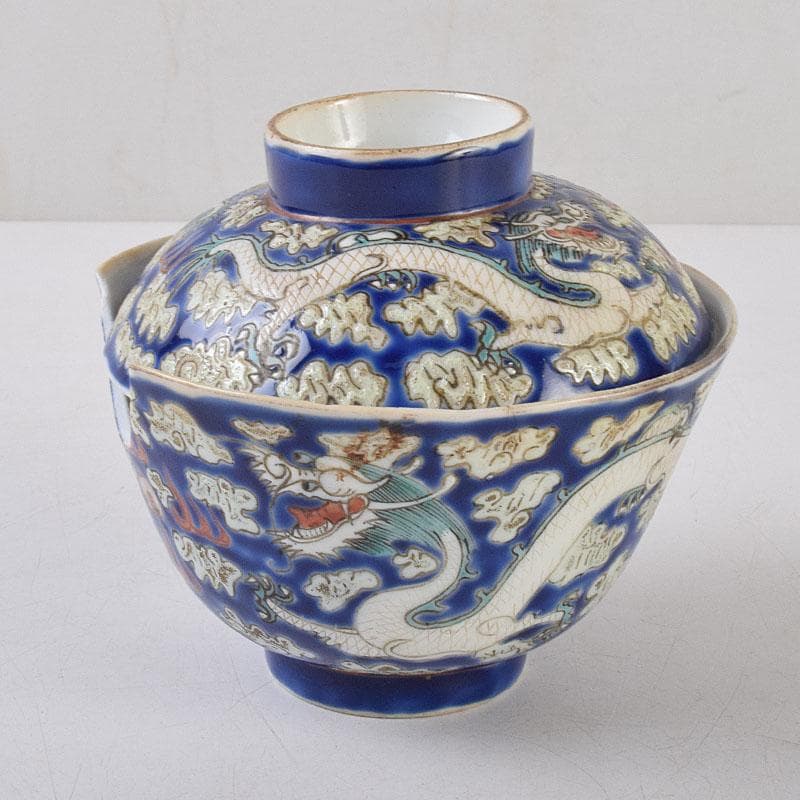 中国　清代　同治年製　紛彩　雲龍文　蓋茶碗　参考品　N　R9091