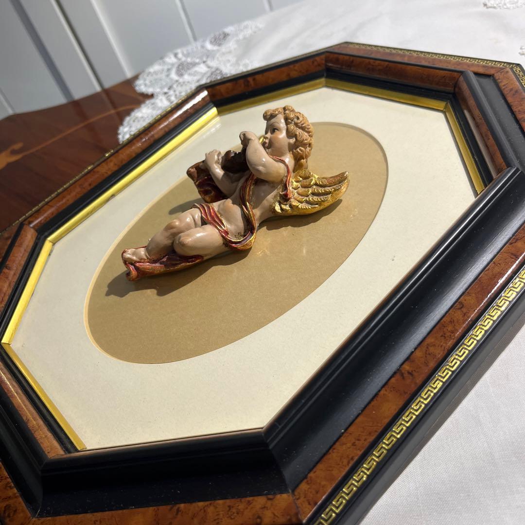 【ヴィンテージ 】バイオリンを弾く天使 立体像 天使 木製額